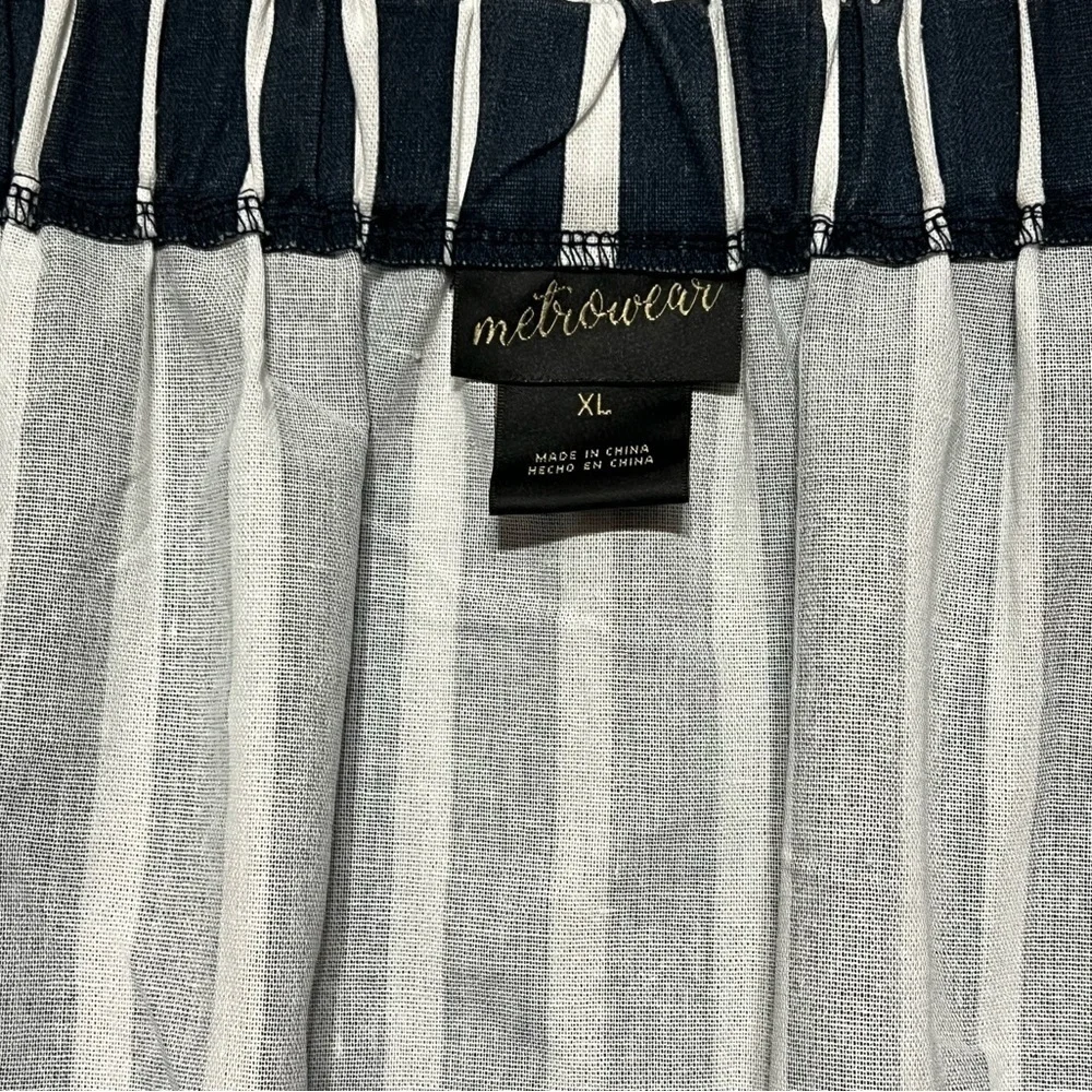 MetroWear Navy White Striped Linen Rayon Button Front Belted Midi Skirt XL